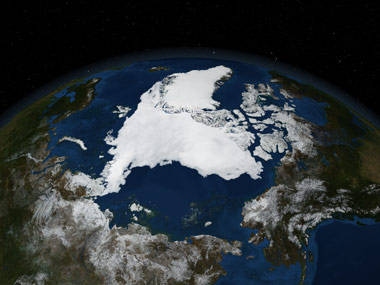 Photo Credit: NASA Scientific Visualization Studio|Arctic sea ice minimum extent – a comparison of the 2007 record minimum with the previous record minimum in 2005.