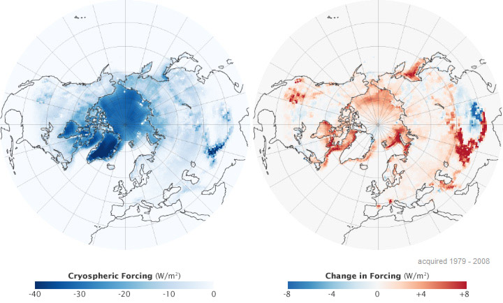 NASA image by Rob Simmon, made with data provided by Mark Flanner, University of Michigan.| How melting snow and ice affect weather.